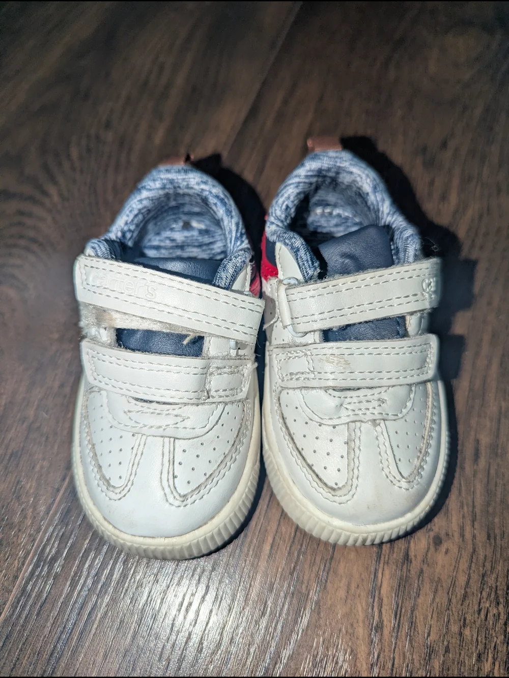Carter's White Toddler Velcro Sneakers with Navy and Red Accents
